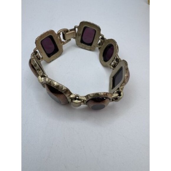 LIZ CLAIBORNE Signed LS Purple Glass Cabochons Two Gold Tone Wide Bracelet VTG - Picture 7 of 13